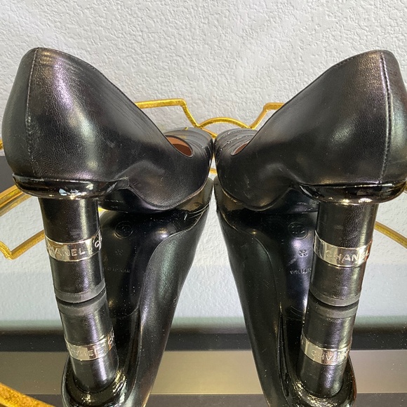 Vintage Y2K Authentic Chanel Square Toe Cylinder Heel Black Pumps Damaged 9B - Picture 6 of 14